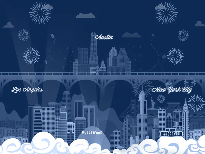 ATX LA NYC, Multi-city vector artwork featuring the Austin, Los Angeles, and New York skylines with celebratory elements.