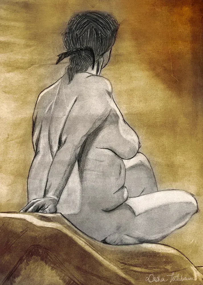 Bessy, Figure study capturing a serene pose through charcoal and wash technique.
