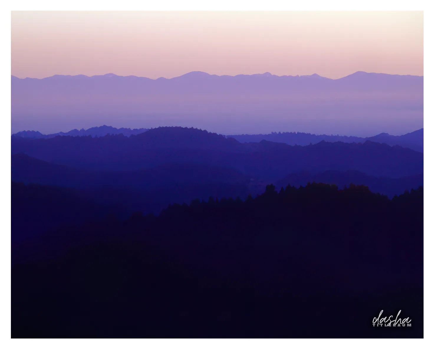 Santa Cruz Mountains at Dusk, Layered mountain silhouettes in purple twilight, shot during the blue hour.