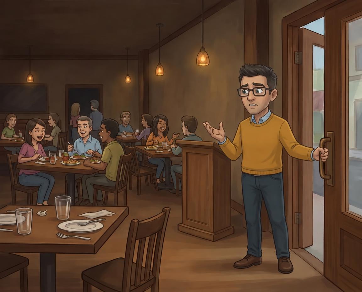 Cartoon illustration of a frustrated client standing in the doorway of an empty restaurant with no host, no menus and dirty tables
