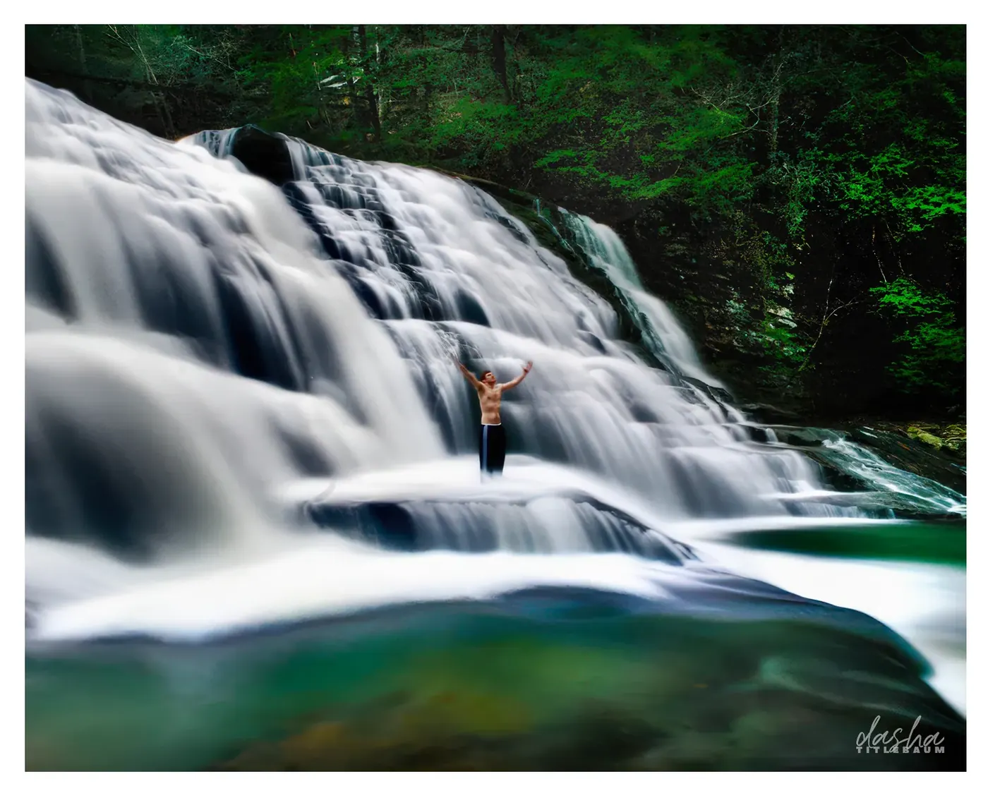 Waterfall Adventure Story, Dynamic storytelling in a natural water environment, capturing human connection with nature.