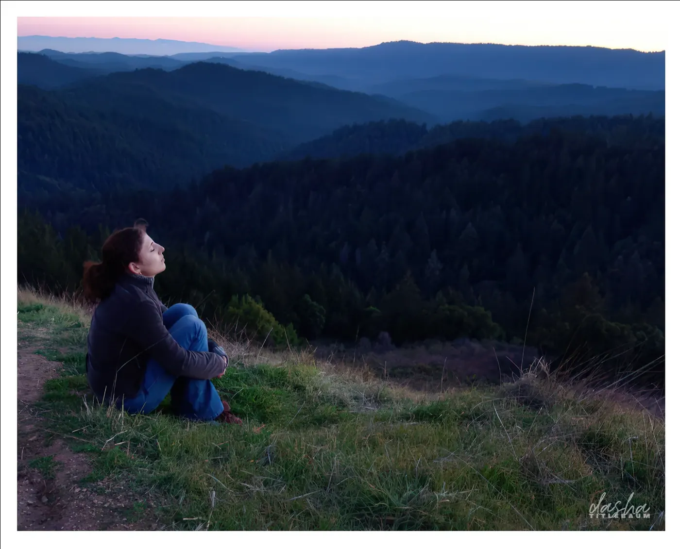 Mountain Overlook Portrait, Contemplative sunset portrait framed against a mountain vista and dramatic sky.