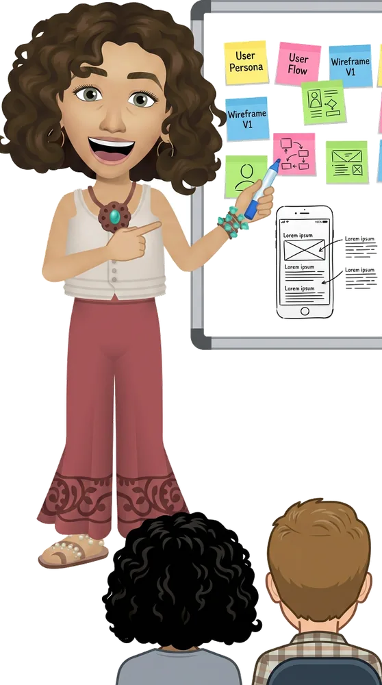 Cartoon illustration of Dasha leading a UX workshop, ideating on a whiteboard with users
