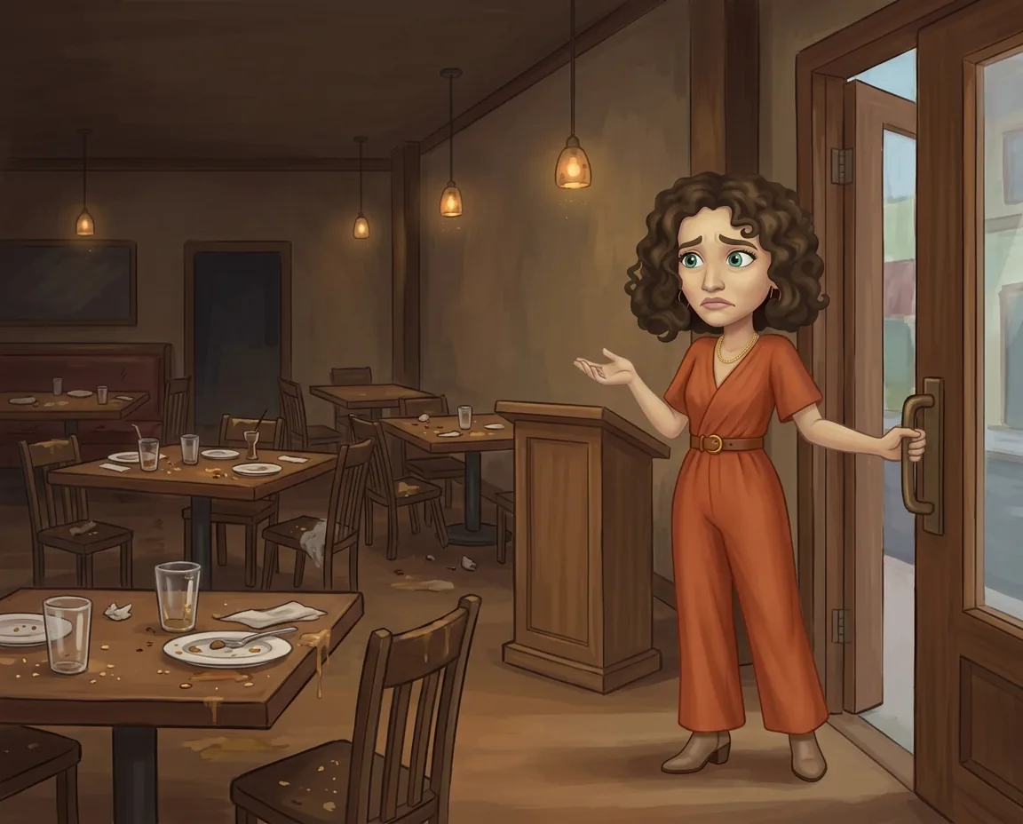 Cartoon illustration of Dasha standing in the doorway of an empty restaurant with no host, no menus and dirty tables