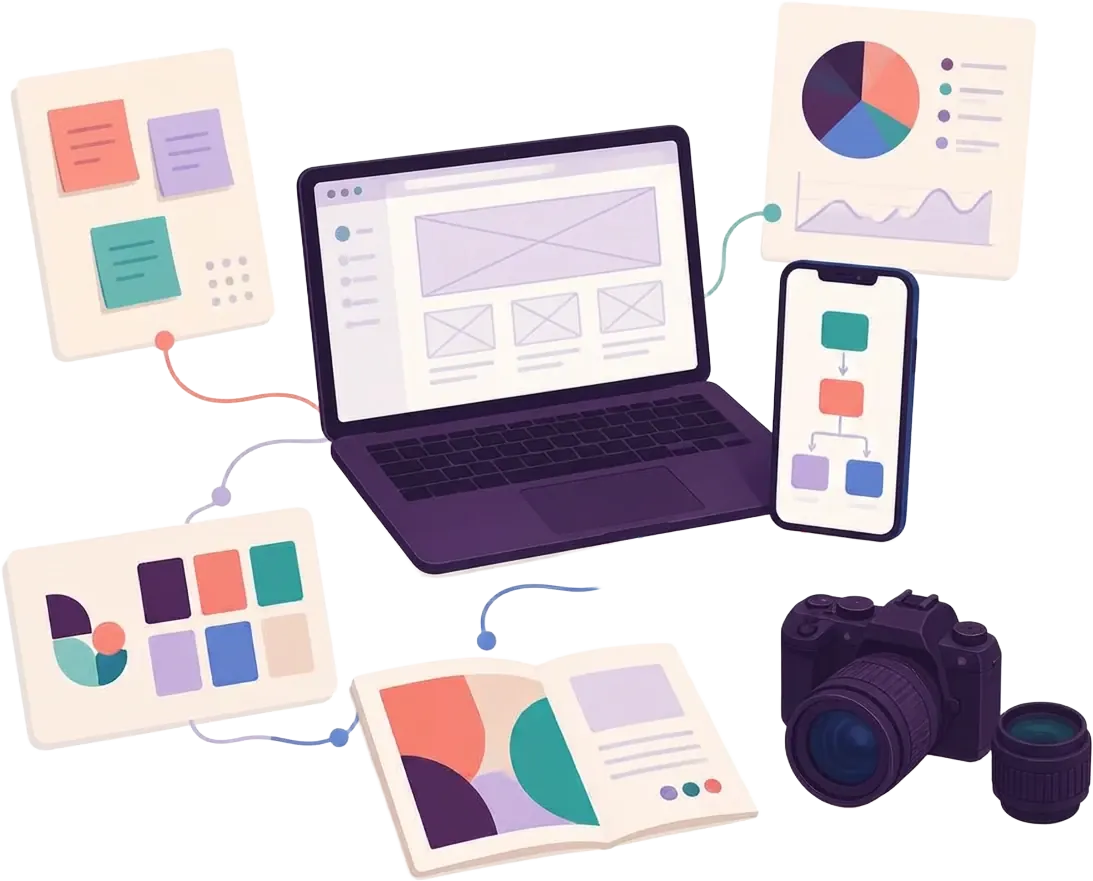 Illustration of the full-stack design toolkit: wireframes, app flows, research charts, a brand palette, print collateral, and a camera
