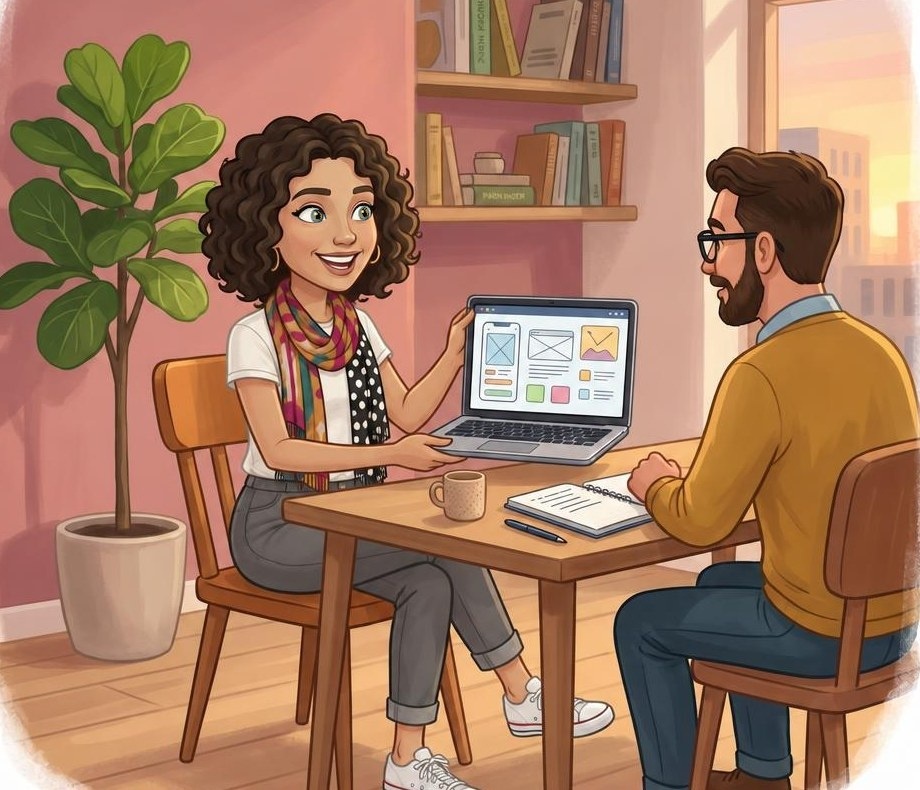 Illustration of Dasha at a desk, showing a client a design on her laptop
