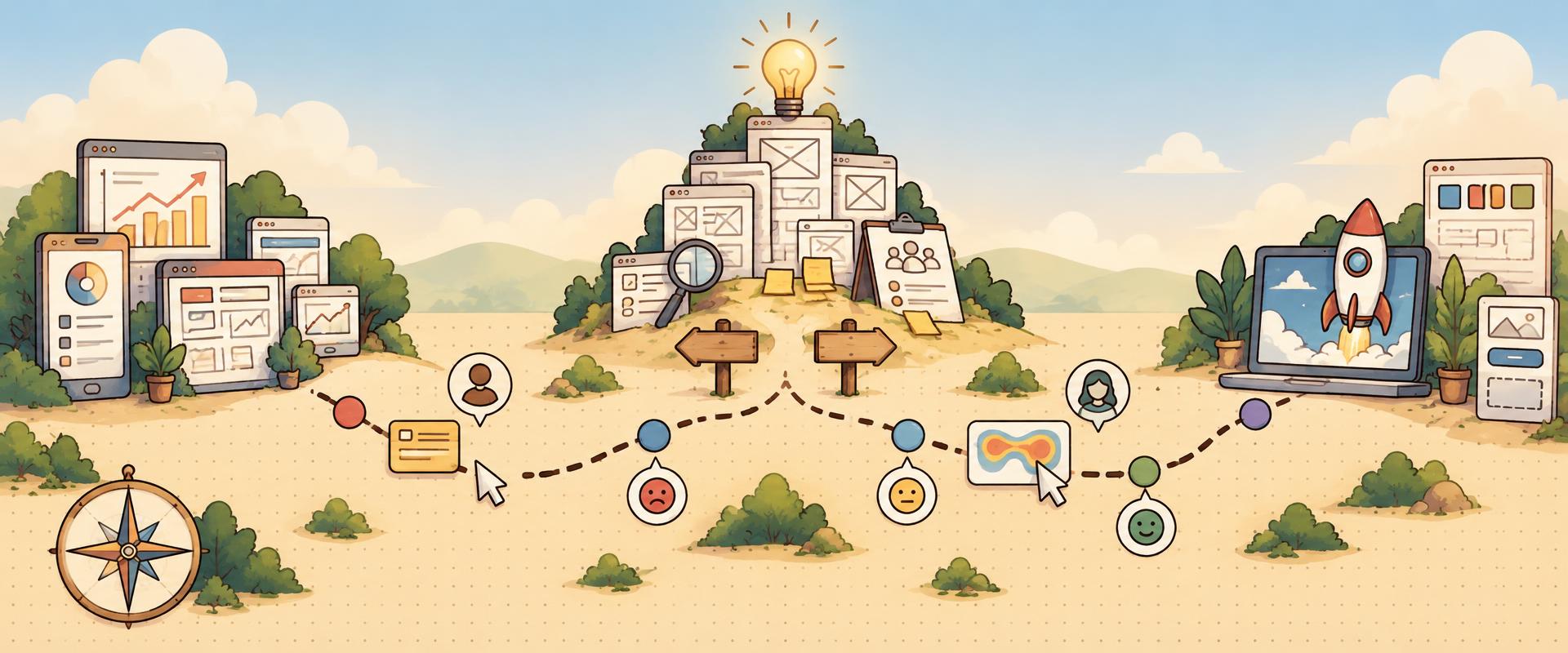 Hand-drawn user journey map: dashboards with a growth chart, a hill of wireframes topped by a lightbulb at a fork in the user flow, and a rocket launching from a laptop.