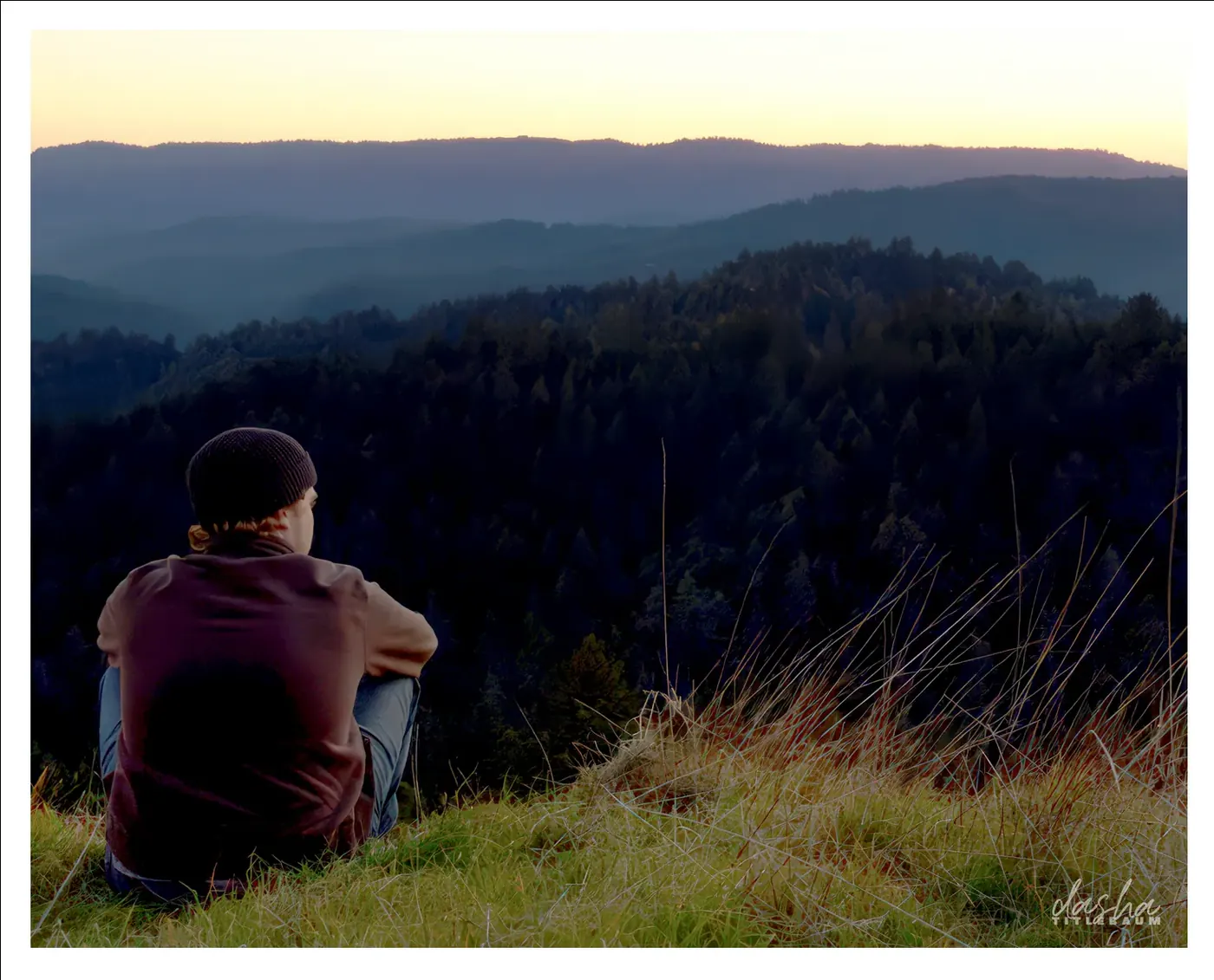 Kevin at Sunrise, Silhouette portrait at sunrise over rolling hills and forest.