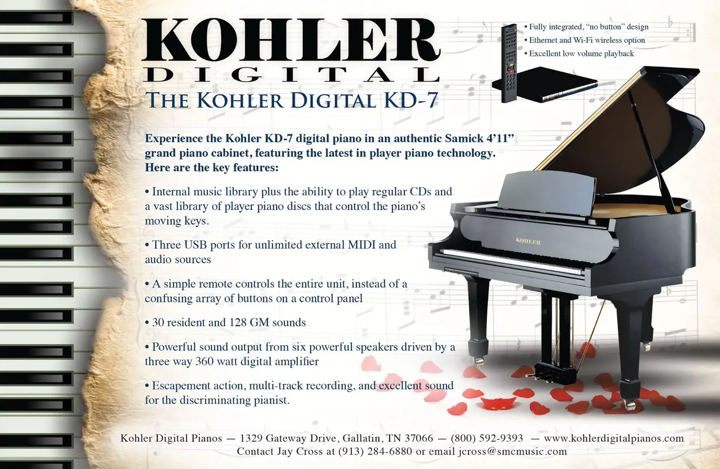 Luxury Product Marketing, Product advertisement featuring the Kohler Digital KD-7 piano with detailed specifications.