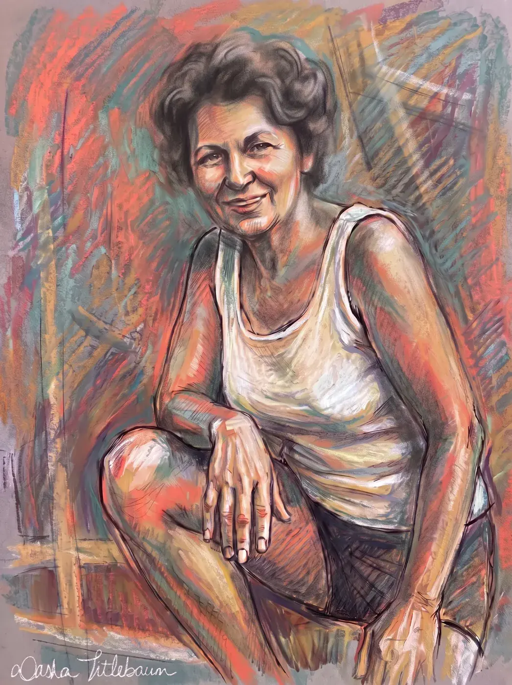 Lena, Pastel portrait of a seated woman, warm skin tones set against energetic strokes of coral, teal, and ochre.