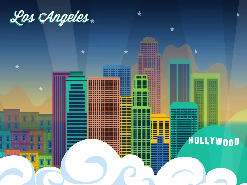 Los Angeles Skyline, Stylized vector illustration of the LA skyline with vibrant color and urban architecture.