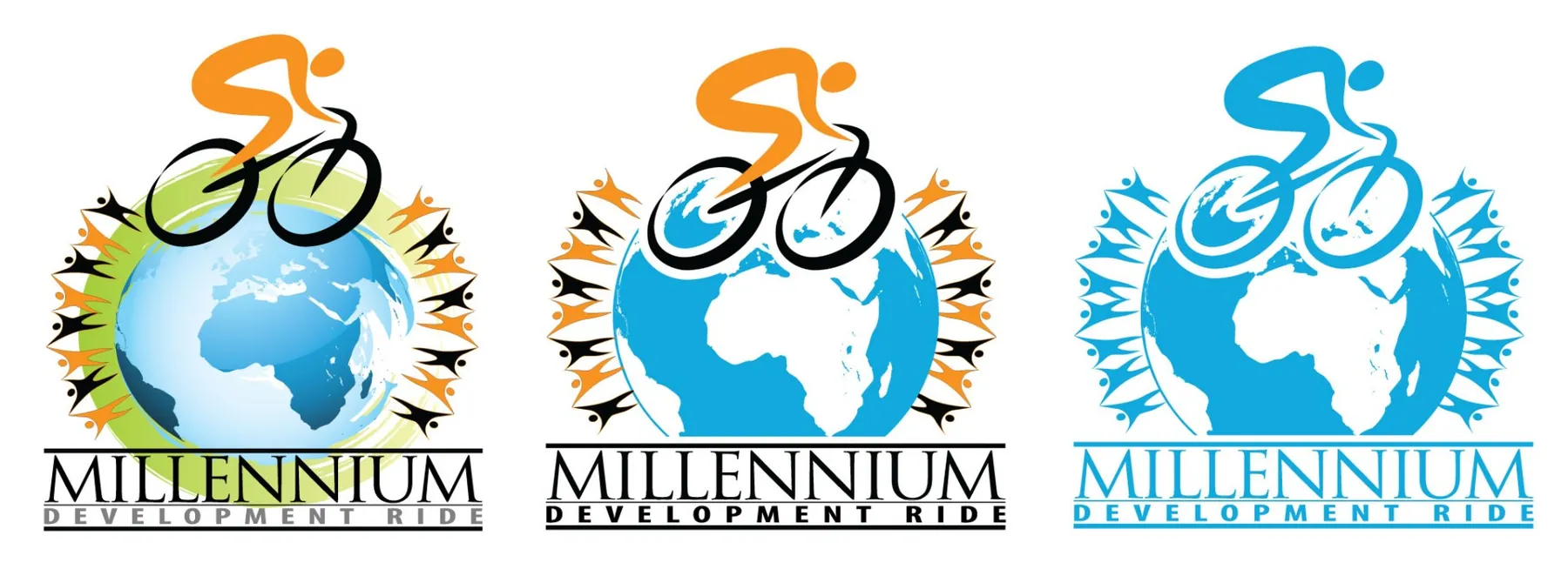 Millennium Development Ride Brand, Cycling event mark pairing a bicycle motif with global earth elements.