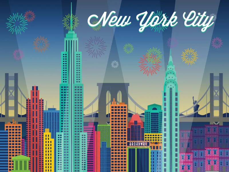 New York City Celebration, Dynamic NYC skyline illustration with fireworks and iconic landmarks.