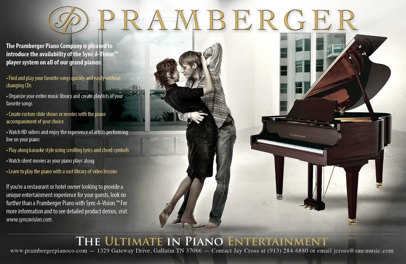 Entertainment System Marketing, Piano advertisement showcasing the Pramberger Sync-A-Vision entertainment system.