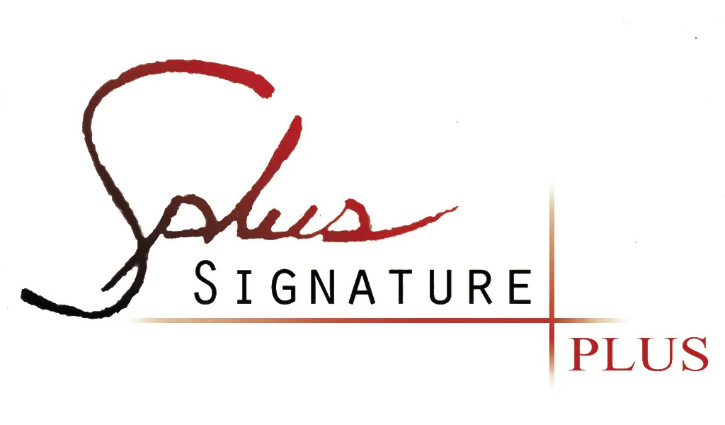 Signature Plus Brand Identity, Handwritten script identity for a premium service brand in red and gold.