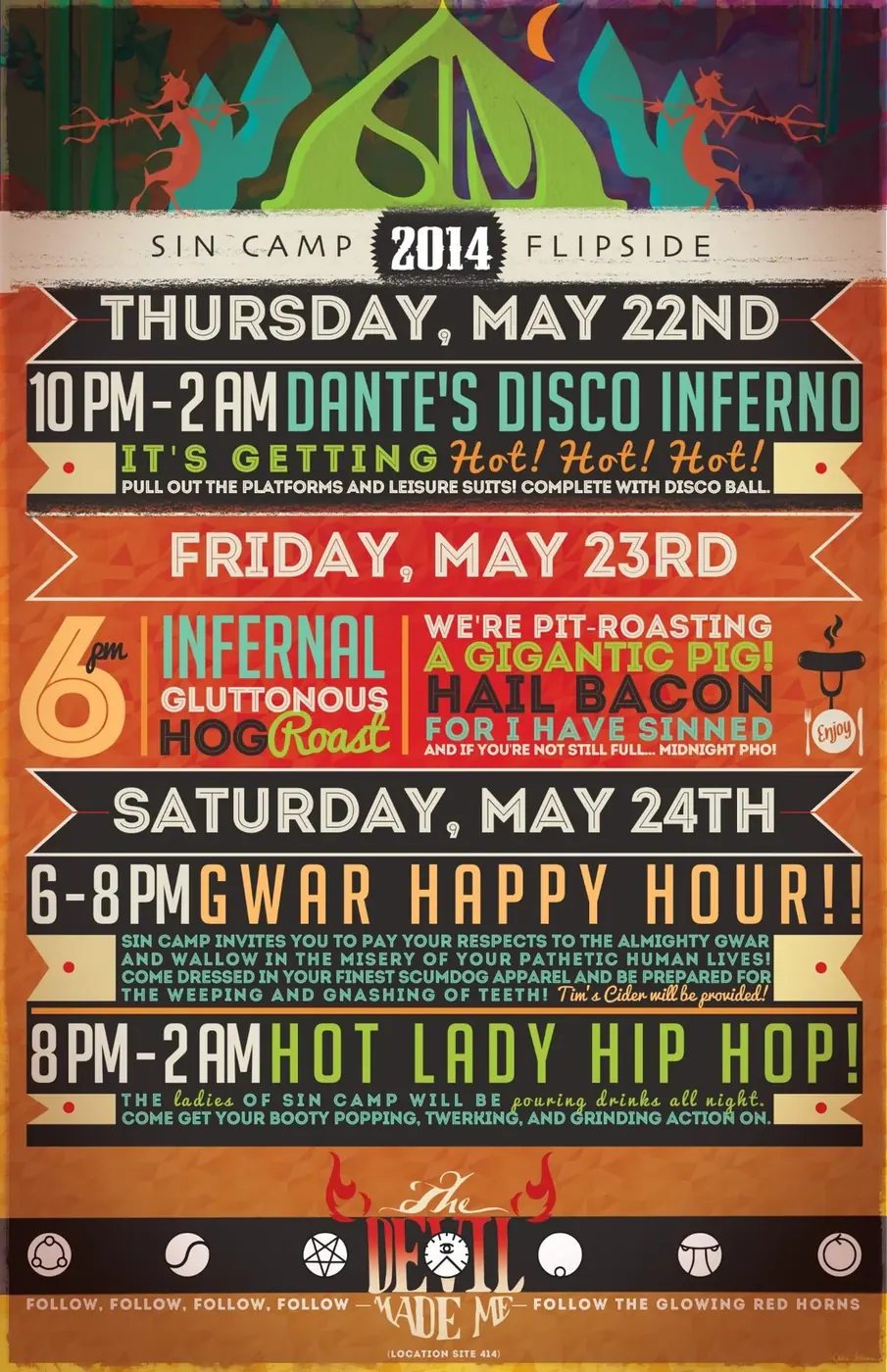 Event Schedule Design, Colorful daily programming layout for the Sin Camp 2014 festival.