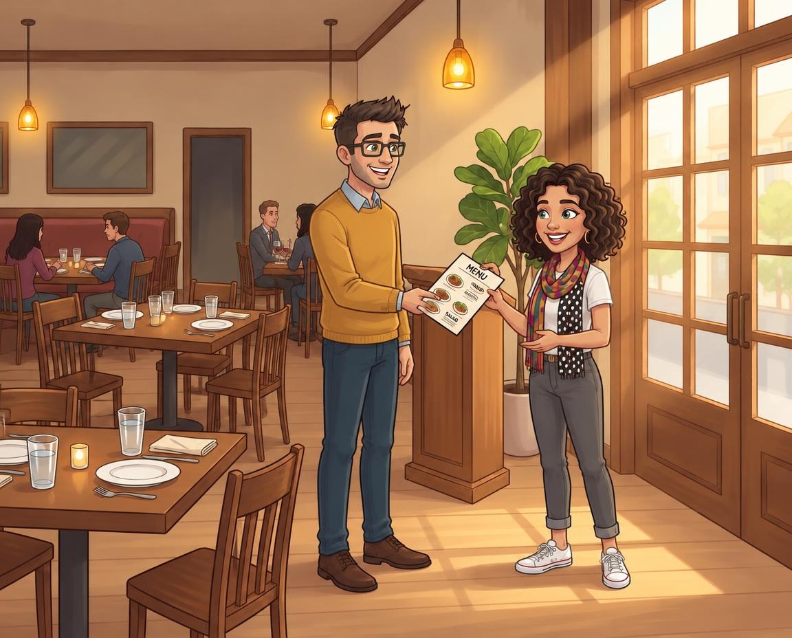 Illustration of Dasha as a smiling restaurant host handing a guest a clear menu in a clean, welcoming dining room