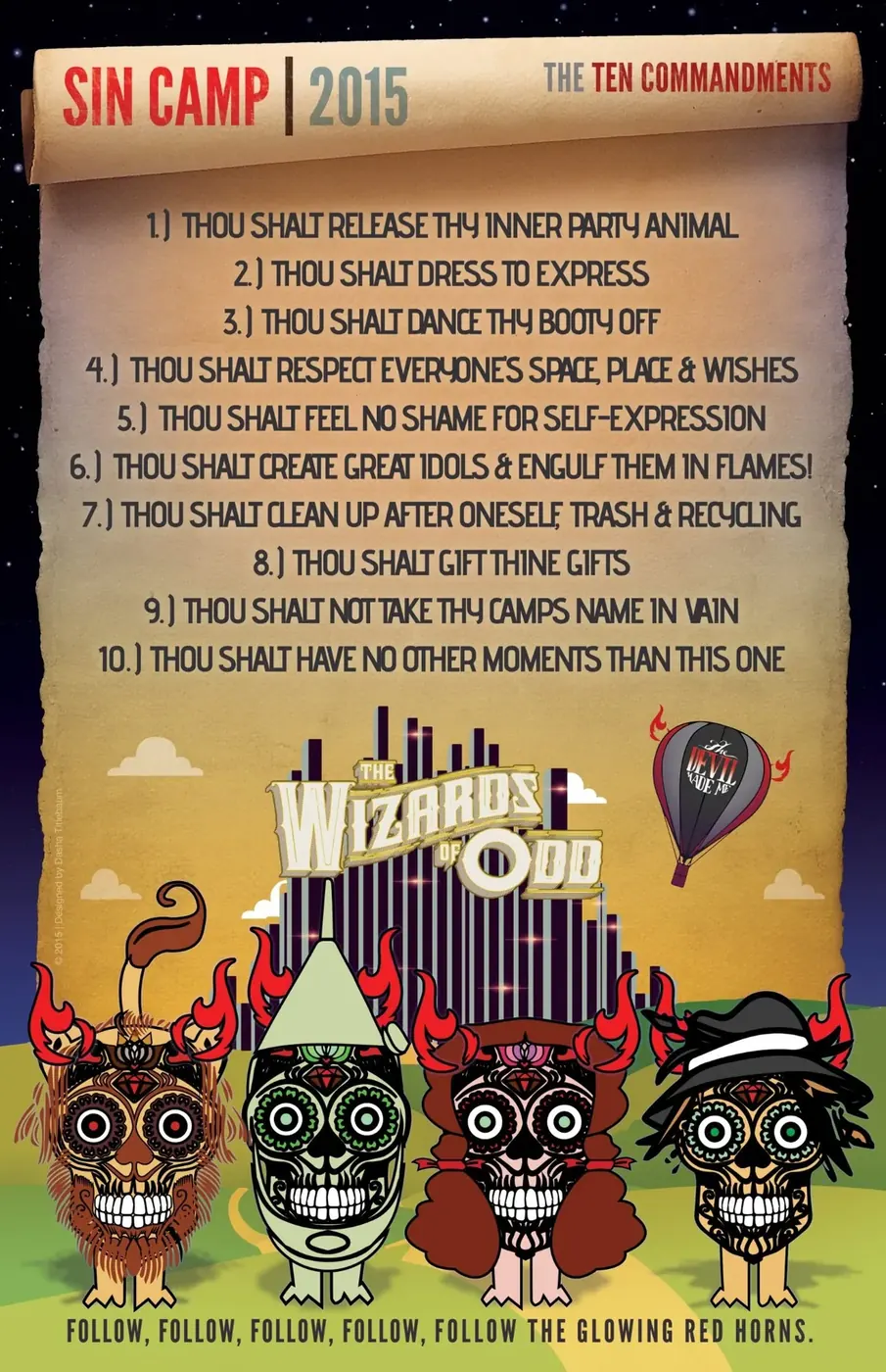 Ten Commandments Poster, Humorous festival rules poster with a Wizard of Odd theme and colorful characters.